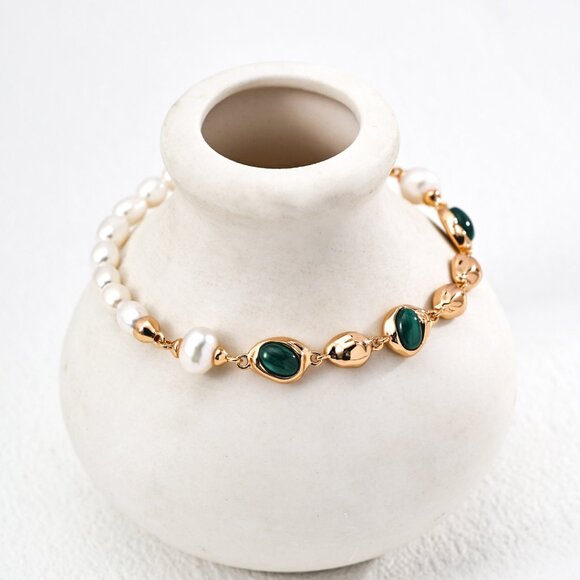 Handmade Jewelry - ✨ Artisan Original Malachite & Pearl Organic Pebble Bracelet | S925 Gold